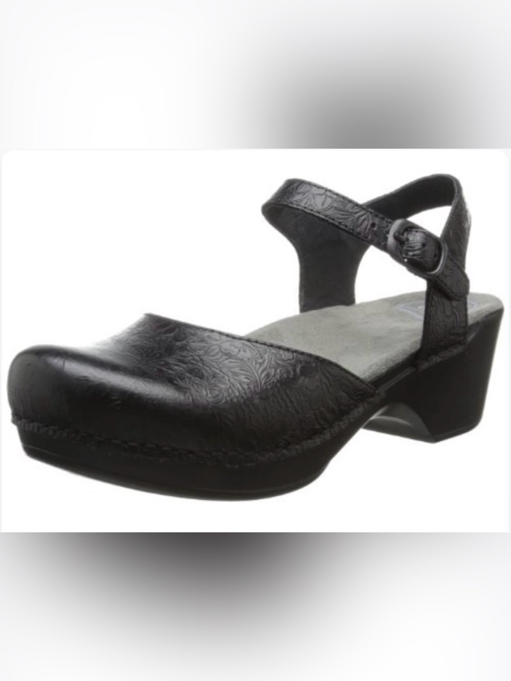 Dansko Black Leather Floral Embossed Sam Mary Jane Clog- Size 42